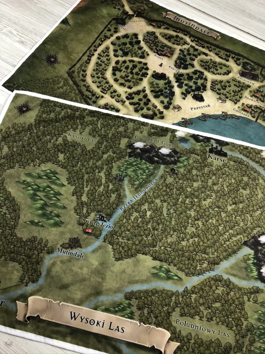 Drukowana mapa fantasy do RPG, personalizowana,  druk na bawełnie dekoracyjnej panama, obszycie maszynowe, handmade w polsce
