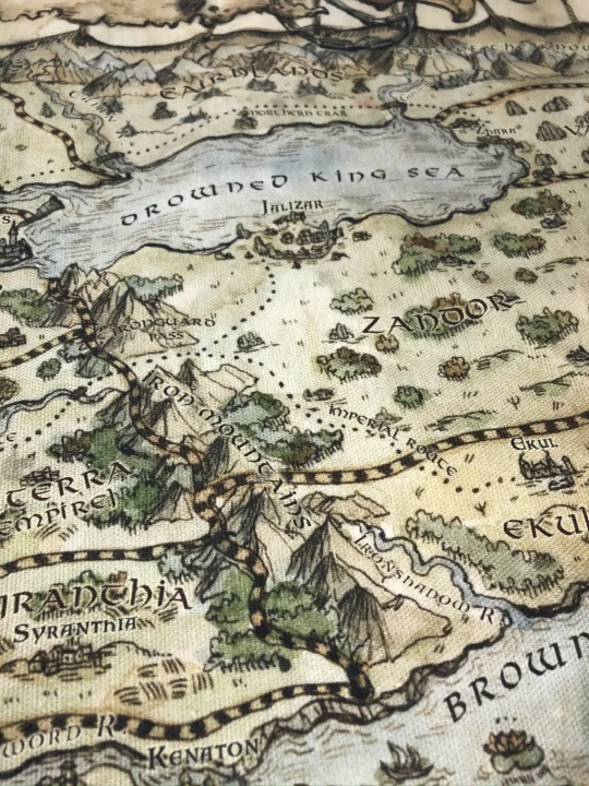 Zbliżenie na mapę Dead Sea Dominions,  druk na tkaninie bawełnianej Panama,  druk pod zamówienie indywidualne, personalizowany. Widoczny splot bawełny