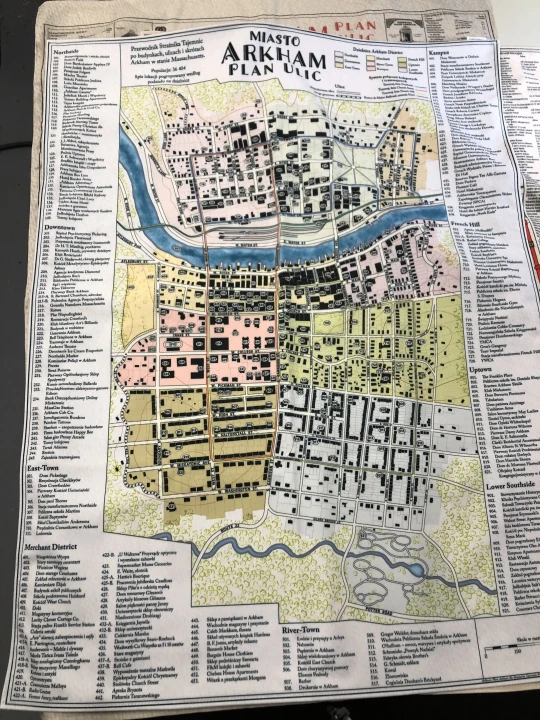 Mapa Arkham, Zew Cthulhu,  druk pod zamowienie, personalizowany druk tkanin,  Mapa drukowana na softshellu. Zbliżenie na tkaninę,  kolorowa mapa