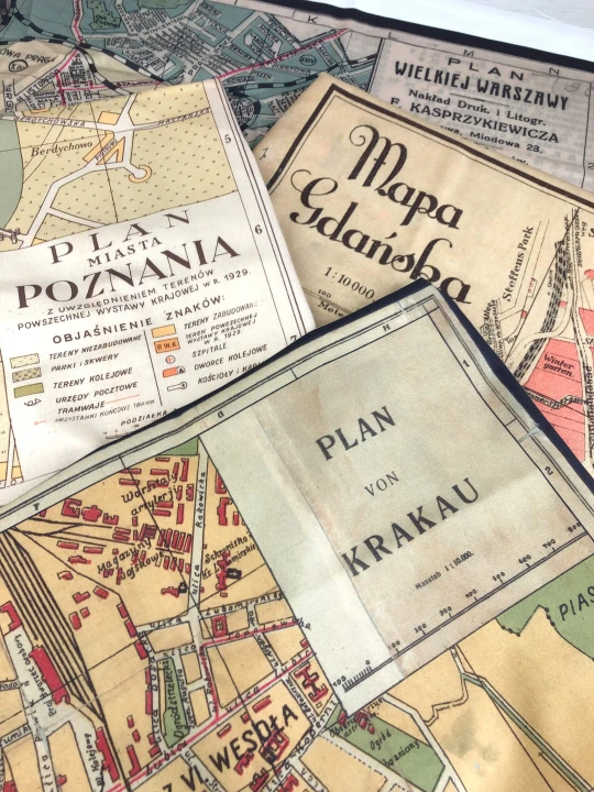 Mapy druk na bawełnie Panama,  Miasta Polski, lata 20ste,  mapa Poznań, Mapa Kraków, mapa Warszawa, Mapa Gdańsk. Zew Cthulhu.