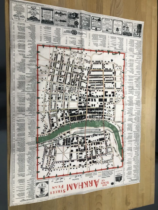 Mapa Arkham, Zew Cthulhu,  druk pod zamowienie, personalizowany druk tkanin,  Mapa drukowana na softshellu. Zbliżenie na tkaninę, księga strażnika