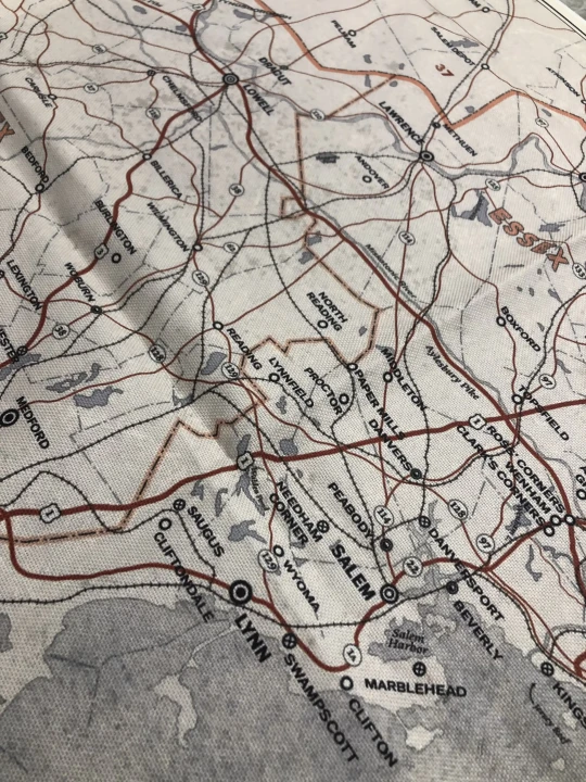 Mapa Arkham, Zew Cthulhu,  druk pod zamowienie, personalizowany druk tkanin,  Mapa drukowana na softshellu. Zbliżenie na tkaninę,