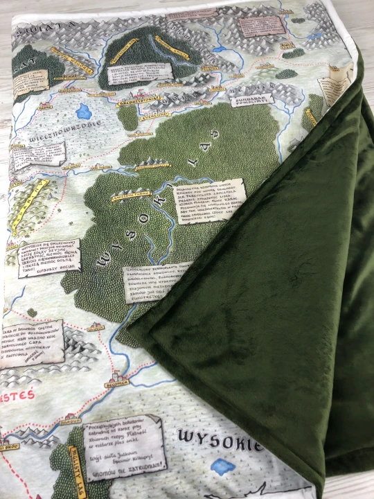 Koc-Kołdra Zintegrowana z Twoją Grafiką (Bawełna + Minky), druk personalizowany,  dowolna grafika na kocu,  ręcznie szyte w polsce, druk tkanin w polsce.   Mapa Fantasy.  kolorowa mapa, druk na bawełnie premium, ciemna zielem minky.